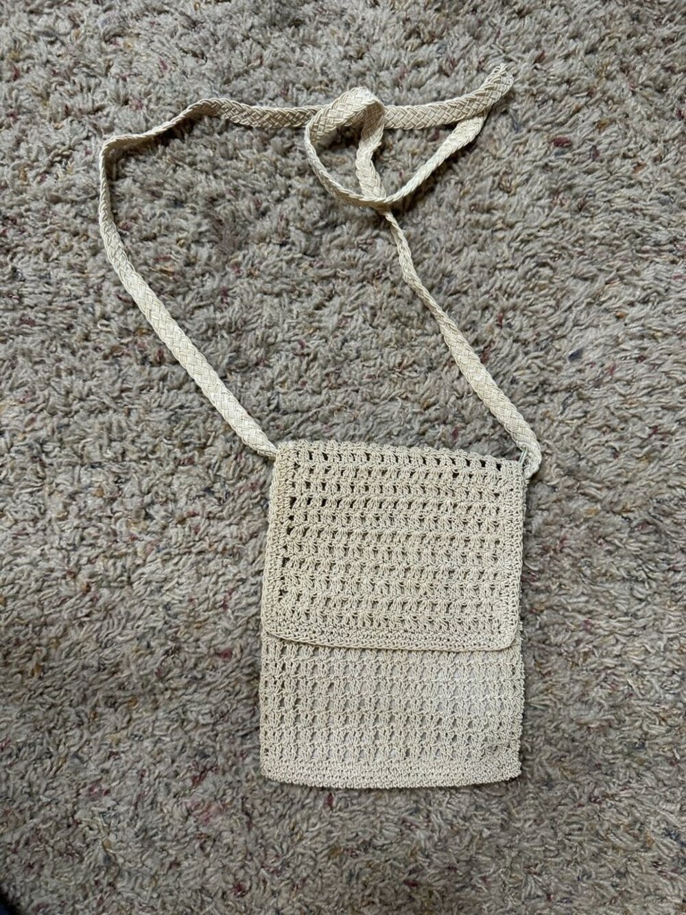 Beige Crochet Crossbody Bag 100% Rayon Lightweight Small Purse Flap Closure